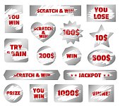 Silver scratchcard, scratch and win game, instant lottery tickets. Jackpot winner scratching cards, gambling ticket elements vector set