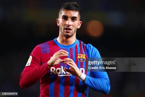 Ferran Torres of FC Barcelona celebrates scoring his side's 2nd goal during the LaLiga Santander match between FC Barcelona and CA Osasuna at Camp...