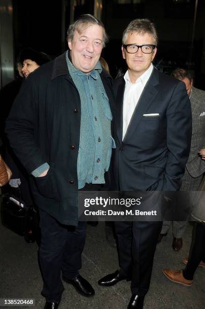 Stephen Fry and Jay Joplin attend the launch of Louise Fennell's debut novel "Dead Rich" at White Cube on February 8, 2012 in London, England.