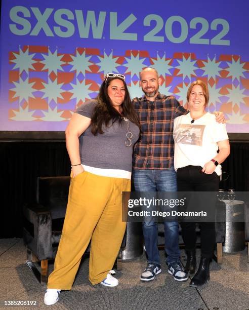Nancy Jundi, Kip Kroeger and Melissa Brown Mccoy speak onstage at Ted Lasso Strikes Back during the 2022 SXSW Conference and Festivals at Austin...