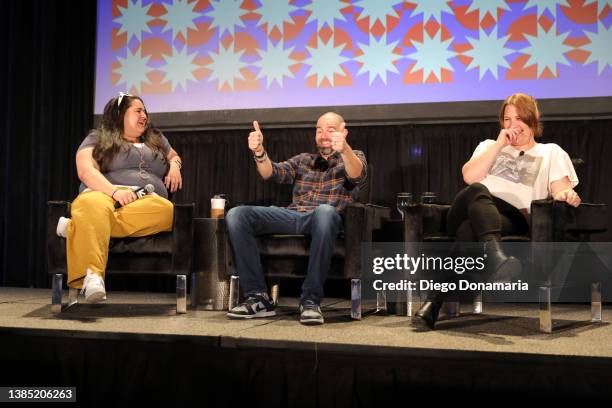 Nancy Jundi, Kip Kroeger and Melissa Brown Mccoy speak onstage at Ted Lasso Strikes Back during the 2022 SXSW Conference and Festivals at Austin...