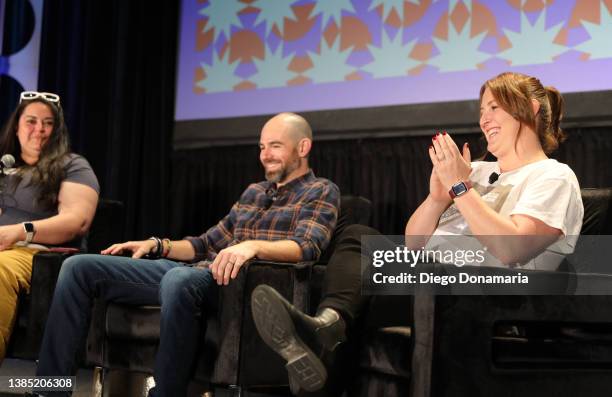 Nancy Jundi, Kip Kroeger and Melissa Brown Mccoy speak onstage at Ted Lasso Strikes Back during the 2022 SXSW Conference and Festivals at Austin...