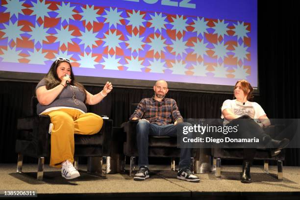 Nancy Jundi, Kip Kroeger and Melissa Brown Mccoy speak onstage at Ted Lasso Strikes Back during the 2022 SXSW Conference and Festivals at Austin...