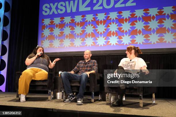 Nancy Jundi, Kip Kroeger and Melissa Brown Mccoy speak onstage at Ted Lasso Strikes Back during the 2022 SXSW Conference and Festivals at Austin...