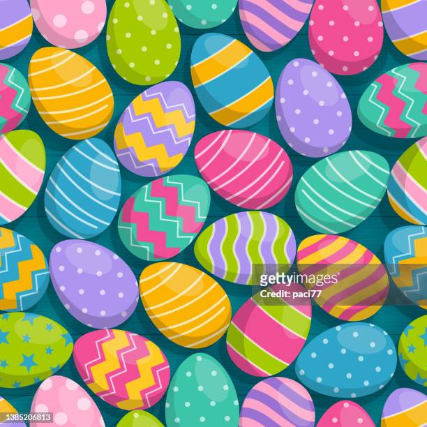 ilustraciones, imágenes clip art, dibujos animados e iconos de stock de patrón sin costuras de huevos de pascua de colores. - huevo comida básica