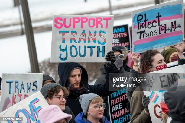 St. Paul, Minnesota. March 6, 2022. Because the attacks against transgender kids are increasing across the country Minneasotans hold a rally at the...