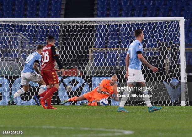 Niki Maenp goalkeeper of Venezia FC dives for a save during the Serie A match between SS Lazio and Venezia FC at Stadio Olimpico on March 14, 2022 in...
