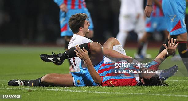 Nicolas Spolli of Catania reacts as he lies injured during the Serie A match between Catania Calcio v AS Roma at Stadio Angelo Massimino on February...