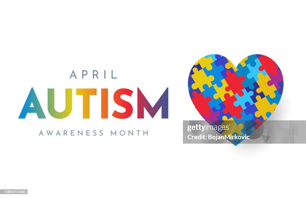 Tarjeta del Mes de Concientización sobre el Autismo con corazón de rompecabezas, abril. Vector