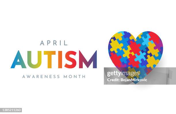autism awareness month card with puzzle heart, april. vector - awareness stock illustrations