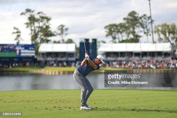 Keegan Bradley of the United States plays his shot from the 17th tee during the final round of THE PLAYERS Championship on the Stadium Course at TPC...