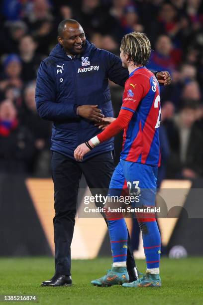 Patrick Vieira, Manager of Crystal Palace celebrates with Conor Gallagher of Crystal Palace at full-time after the Premier League match between...