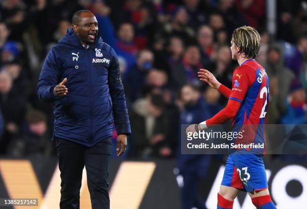 Patrick Vieira, Manager of Crystal Palace celebrates with Conor Gallagher of Crystal Palace at full-time after the Premier League match between...