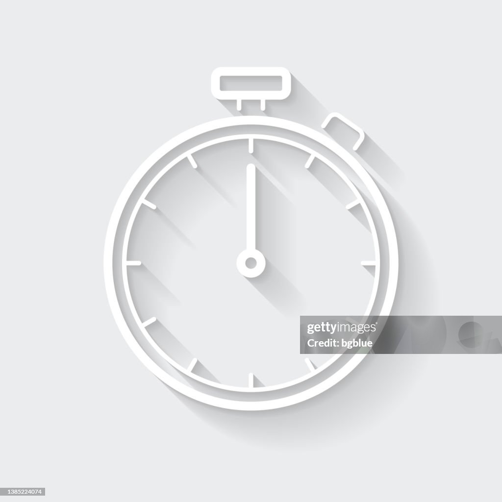 Cronómetro. Icono con sombra larga sobre fondo en blanco - Diseño plano