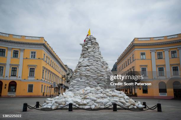 Sandbags are piled high around the statue of the Duc de Richelieu, a landmark at the top of the stairs made famous by the 1905 film Battleship...