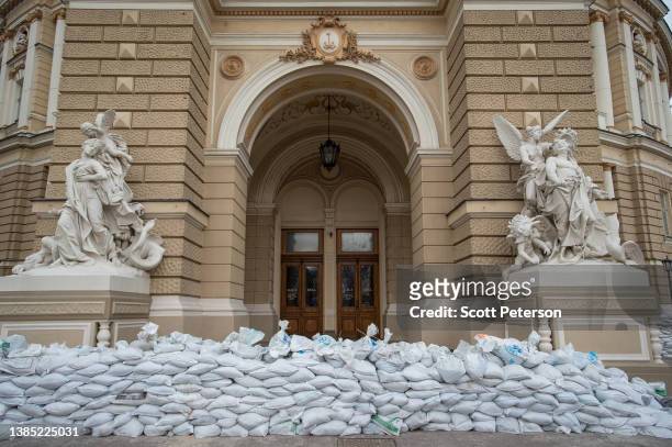 Sandbags protect the historic Odessa Opera and Ballet Theater, as Ukrainians build defenses for historic landmarks in expectation of a Russian...