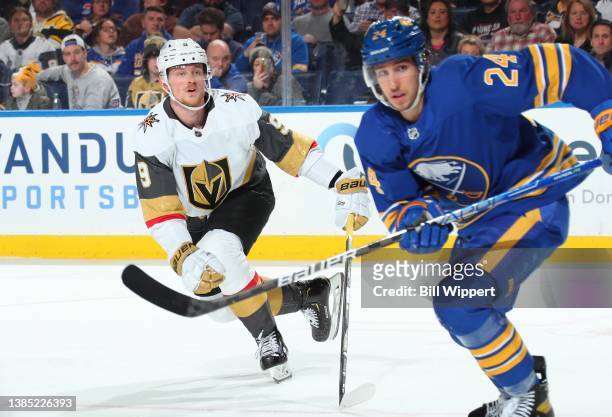 Jack Eichel of the Vegas Golden Knights skates during an NHL game against Dylan Cozens of the Buffalo Sabres on March 10, 2022 at KeyBank Center in...