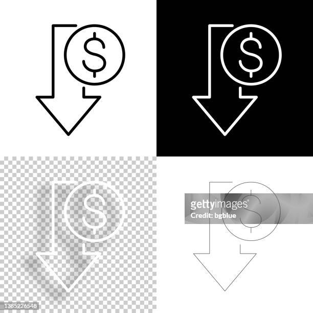 ilustraciones, imágenes clip art, dibujos animados e iconos de stock de disminución del dólar. icono para el diseño. fondos en blanco, blancos y negros - icono de línea - tipo de cambio