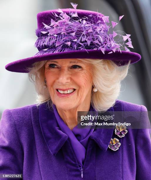 Camilla, Duchess of Cornwall attends the annual Commonwealth Day Service at Westminster Abbey on March 14, 2022 in London, England. The Commonwealth...