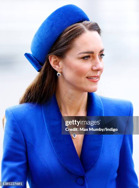 Catherine, Duchess of Cambridge attends the annual Commonwealth Day Service at Westminster Abbey on March 14, 2022 in London, England. The...