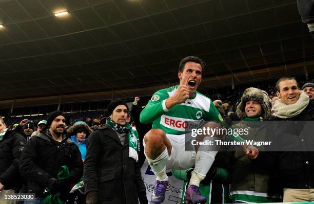 Edgar Prib of Fuerth celebrates after winning the DFB Cup Quarter Final match between TSG 1899 Hoffenheim and SpVgg Greuther Fuerth at...