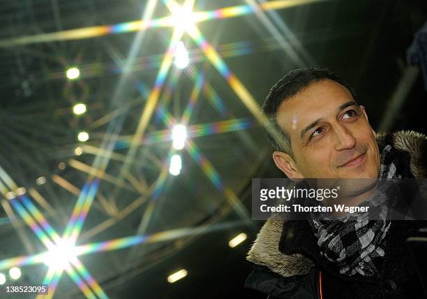 Manager Rachid Azzouzi of Fuerth smiles prior to the DFB Cup Quarter Final match between TSG 1899 Hoffenheim and SpVgg Greuther Fuerth at...