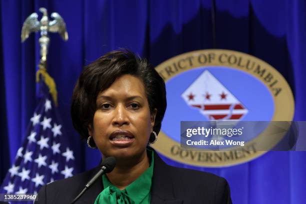 Washington, DC, Mayor Muriel Bowser speaks at a news conference at the John Wilson Building March 14, 2022 in Washington, DC. The Metropolitan...