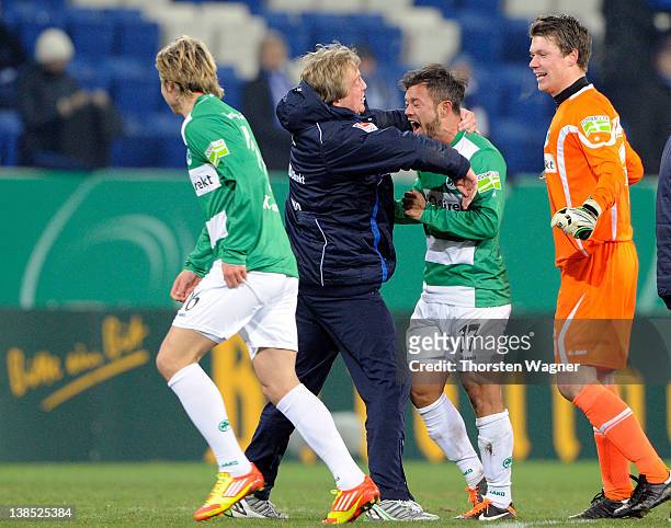 Head coach Mike Bueskens of Fuerth celebrates after winning the DFB Cup Quarter Final match between TSG 1899 Hoffenheim and SpVgg Greuther Fuerth at...