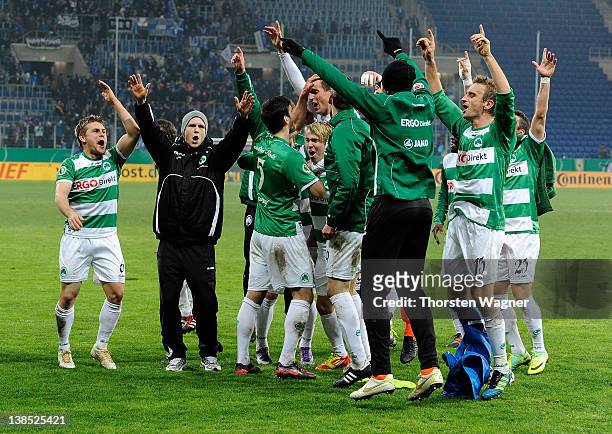 Player of Fuerth celebrates after winning the DFB Cup Quarter Final match between TSG 1899 Hoffenheim and SpVgg Greuther Fuerth at Rhein-Neckar-Arena...