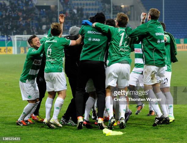 Players of Fuerth celebrates after winning the DFB Cup Quarter Final match between TSG 1899 Hoffenheim and SpVgg Greuther Fuerth at...