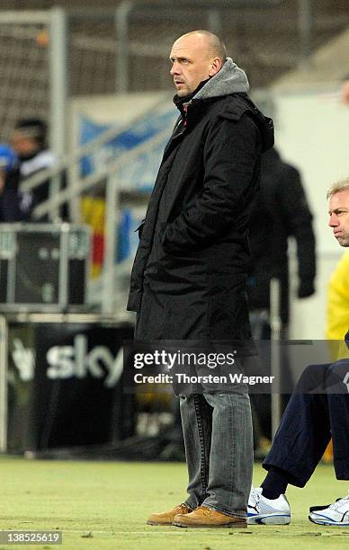 Head coach Holger Stanislawski of Hoffenheim gestures during the DFB Cup Quarter Final match between TSG 1899 Hoffenheim and SpVgg Greuther Fuerth at...