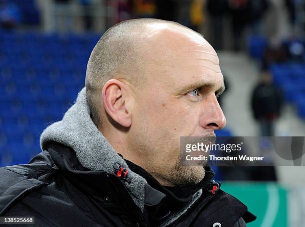 Head coach Holger Stanislawski of Hoffenheim looks on prior to the DFB Cup Quarter Final match between TSG 1899 Hoffenheim and SpVgg Greuther Fuerth...