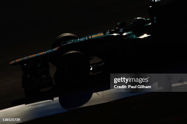 Heikki Kovalainen of Finland and Caterham drives during day two of Formula One winter testing at the Circuito de Jerez on February 8, 2012 in Jerez...