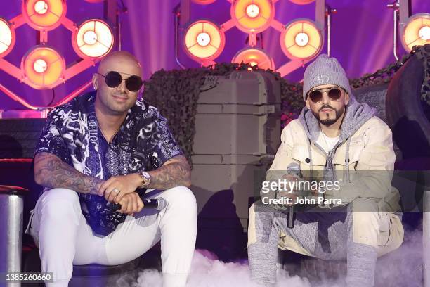 Duo Wisin and Yandel attend their press conference to announce the La Ultima Misión World Tour at The Temple House on March 14, 2022 in Miami Beach,...