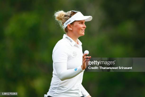 Nanna Koerstz Madsen of Denmark acknowledges to the fan after finish 18th hole play-off during the final round of Honda LPGA Thailand at Siam Country...