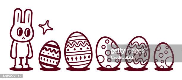happy easter, easter bunny finding easter eggs in a row - colouring stock illustrations