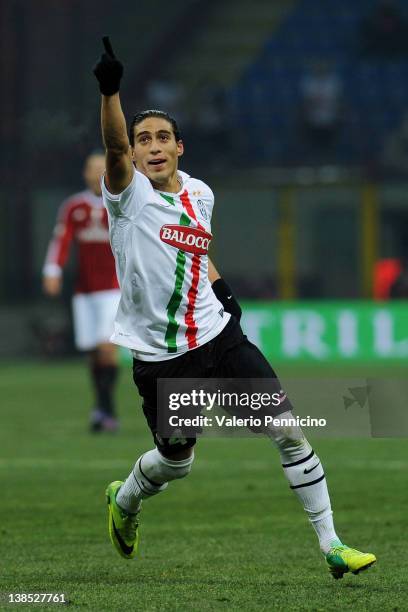 Martin Caceres of Juventus FC celebrates his second goal during the Tim Cup match between AC Milan and Juventus FC at Giuseppe Meazza Stadium on...