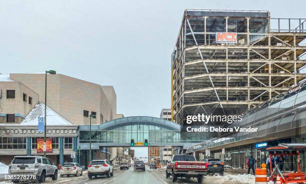 march 3 in  downtown anchorage alaska on 5th street during the winter - anchorage alaska stock pictures, royalty-free photos & images