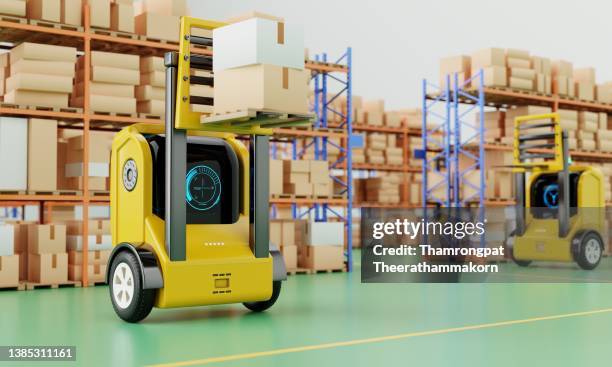 autonomous forklift self-driving robot transporting parcel and stock in warehouse. automation agv storage vehicle. technology innovation and industry concept. 3d illustration rendering - shipping stock illustrations ストックフォトと画像