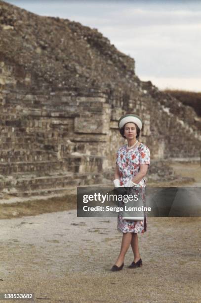 Queen Elizabeth II visits an ancient pyramid during her state visit to Mexico, 1975.