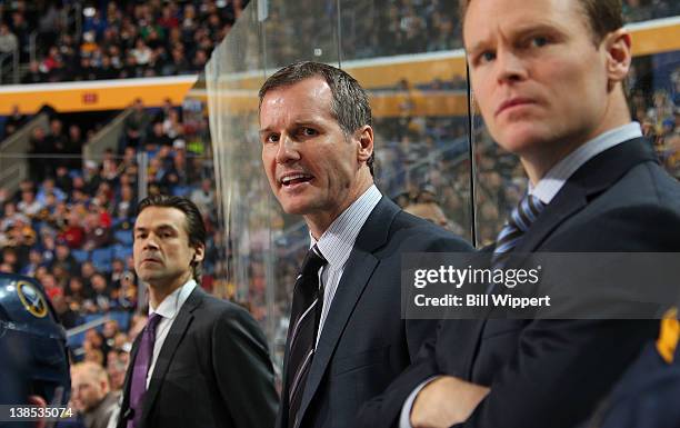 Assistant coach James Patrick of the Buffalo Sabres fills in for injured head coach Lindy Ruff in their game against the Boston Bruins at First...