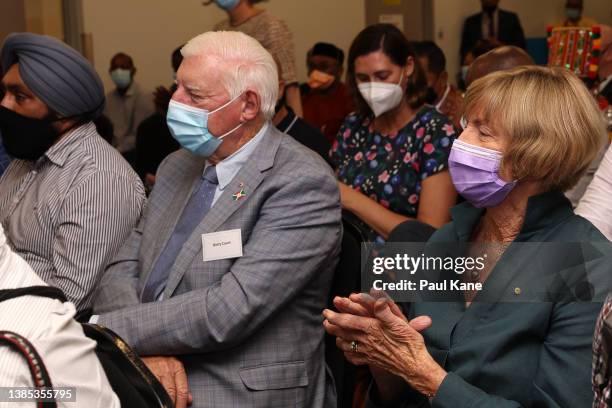 Barry and Margaret Court look on while listening to Prime Minister Scott Morrison talk during a multicultural community awards and afternoon tea at...