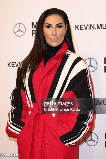 Senna Gammour arrives for the Justin Cassin show during the Mercedes-Benz Fashion Week Berlin March 2022 at Kraftwerk Mitte on March 15, 2022 in...