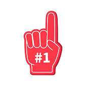 Foam finger. 1 number on foam finger. Hand of fan. Hand in glove with one number and finger. Icon for fan, sport, cheer, best and team. Support symbol. Isolated logo. Vector