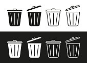 Bin trash icons. Bin garbage icons. Dustbins isolated on black and white background. Line symbols for waste. Logo of rubbish. Flat wastebaskets. Vector