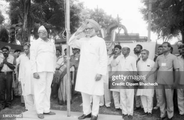 Manmohan Singh , Finance Minister inaugurates three days Sewa dal camp near Ahmedabad Gujarat India on 8th September 1995.