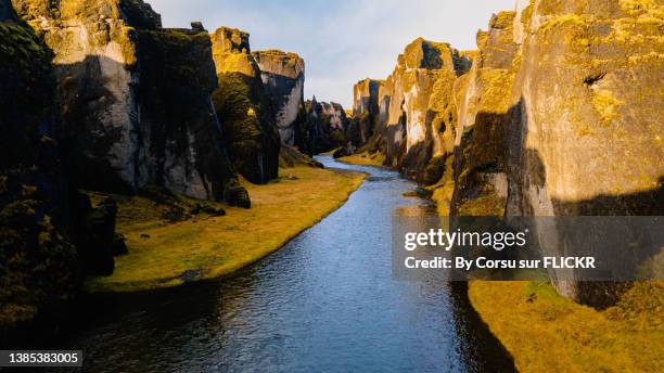 flying across the asbyrgi canyon - canon stock-fotos und bilder