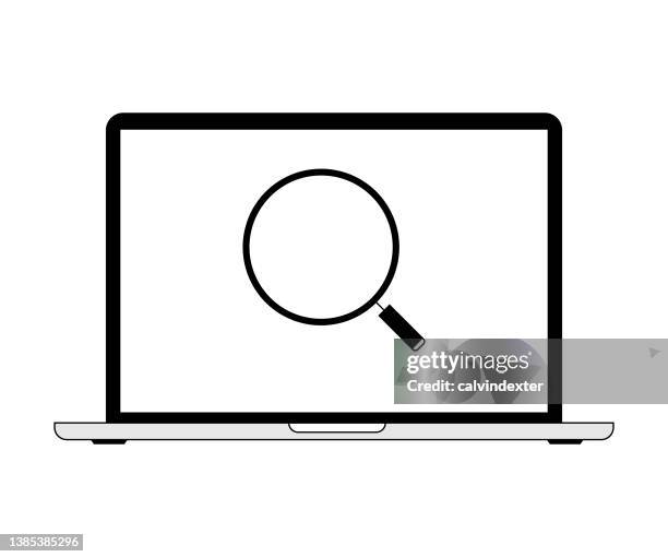 laptop computer magnifying glass - looking at computer screen close up stock illustrations