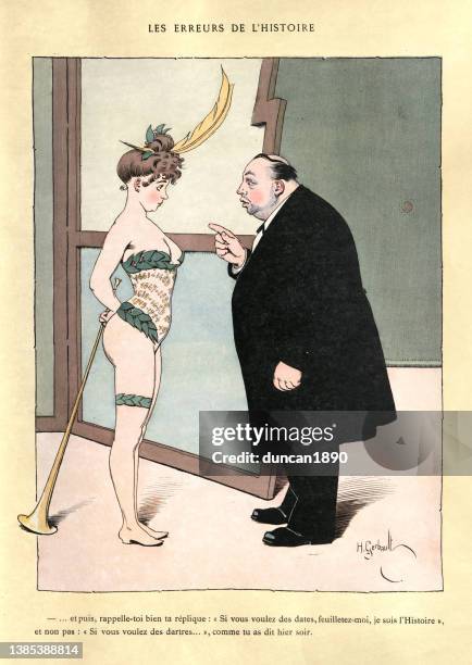 ilustraciones, imágenes clip art, dibujos animados e iconos de stock de director de teatro contando a showgirl sus líneas, belle époque, caricatura francesa vintage - burlesco