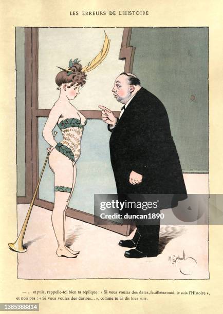 stockillustraties, clipart, cartoons en iconen met theatre director telling showgirl her lines, belle époque, vintage french cartoon - showgirl